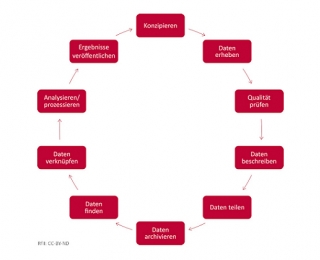 Datenlebenszyklus: Konzipieren, Daten erheben, Qualität prüfen, Daten beschreiben, Daten teilen, Daten archivieren, Daten finden, Daten verknüpfen, Analysieren/prozessieren, Ergebnisse veröffentlichen