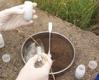 In der Mitte des Fotos befindet sich eine Bodenprobe in einem offenen runden Metallbehälter. Es sind zwei Hände mit weißen Laborhandschuhen zu sehen, welche die Probe in Teilproben zerteilen. Diese werden in kleine weiße Behältnisse gefüllt. 