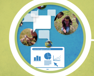 Die Grafik zeigt Menschen bei der Erfassung von Biodiversitätsdaten im Freien, verbunden mit einem Informationsportal (monitoringzentrum.de) zur Datenanalyse und -visualisierung